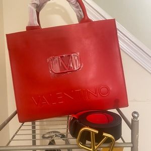 Red tote bag and black and red belt
